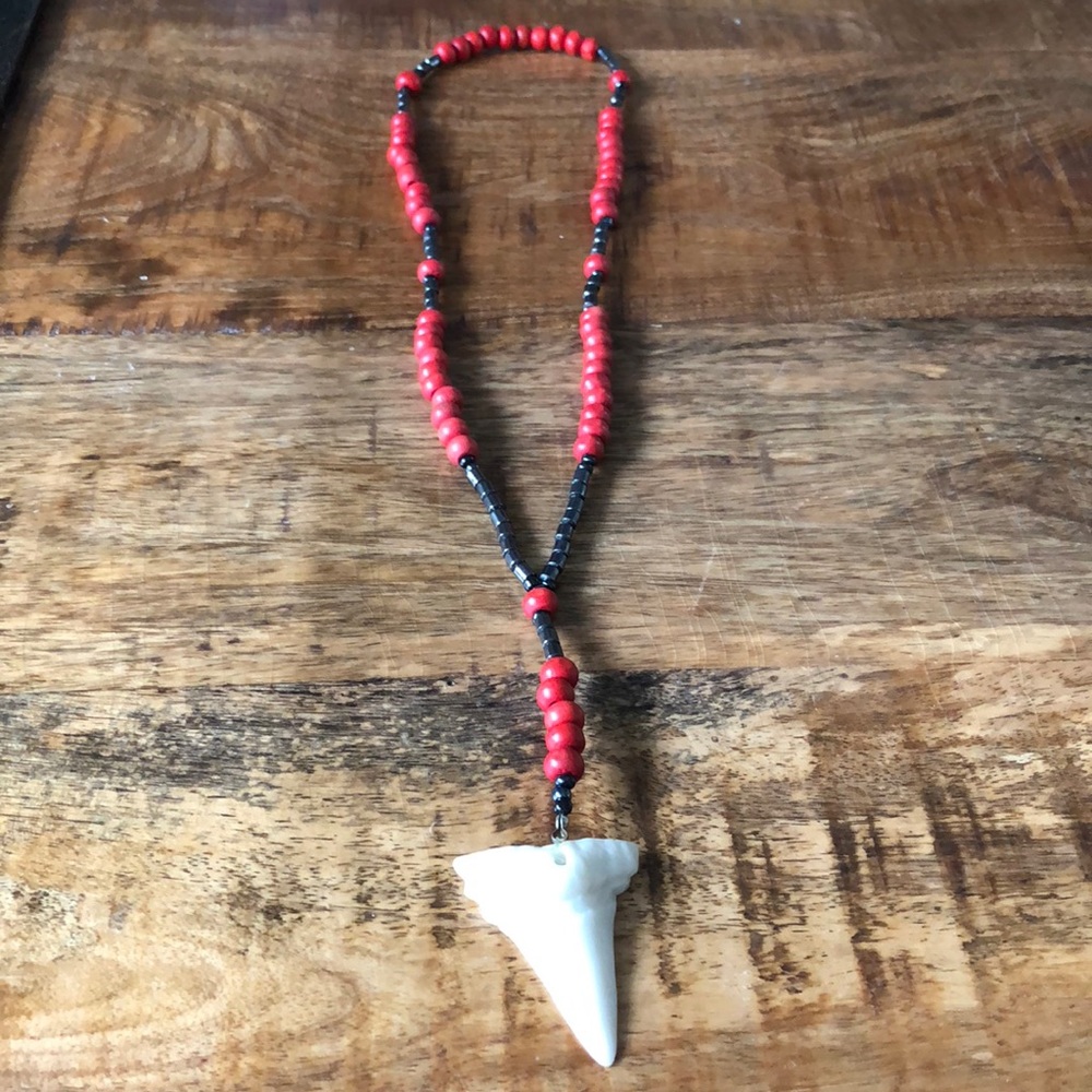 Shark tooth vacation beach cool red necklace